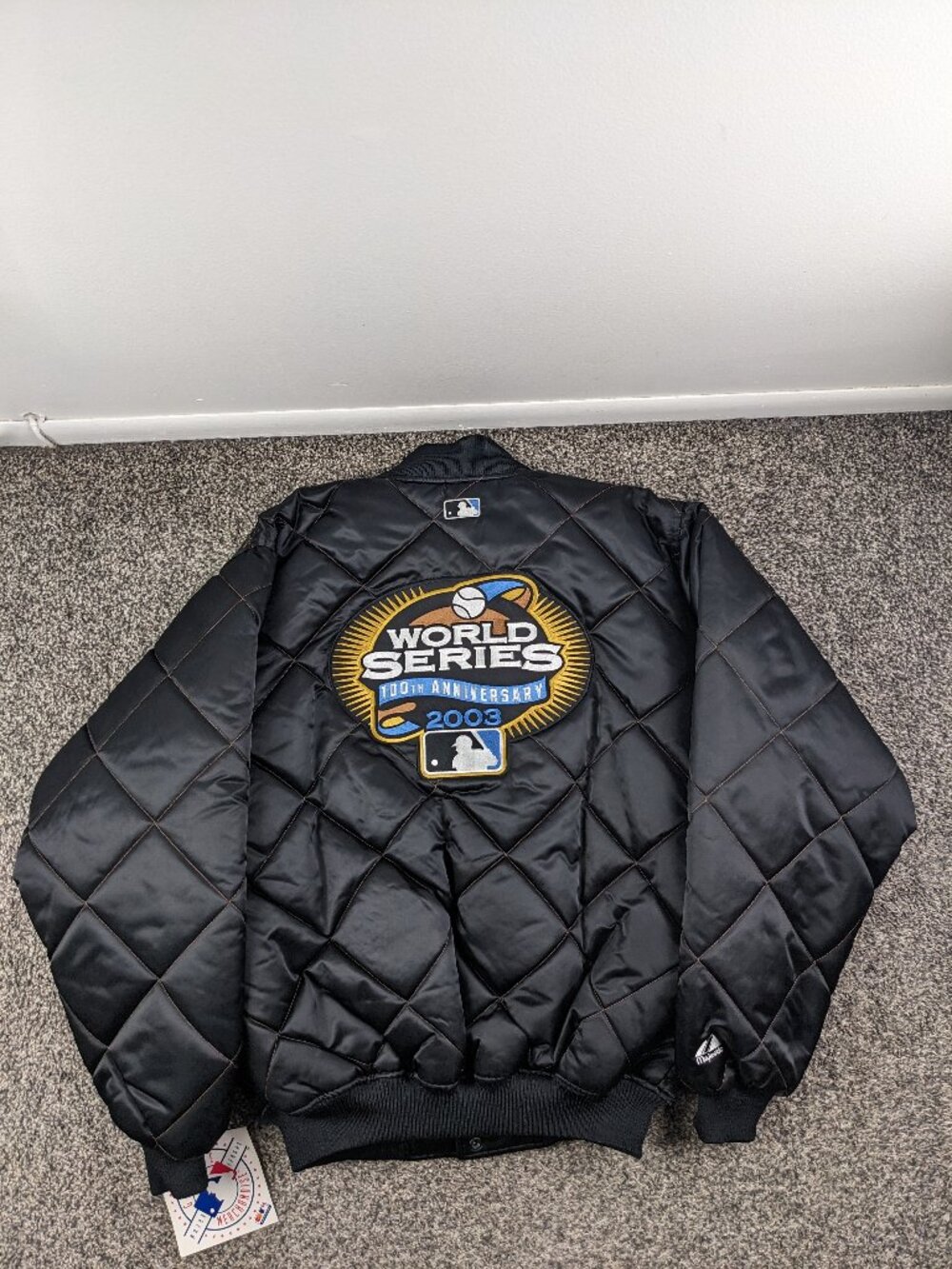 NWT Vintage 2003 World Series Satin Bomber Jacket Majestic Marlins Mens Large